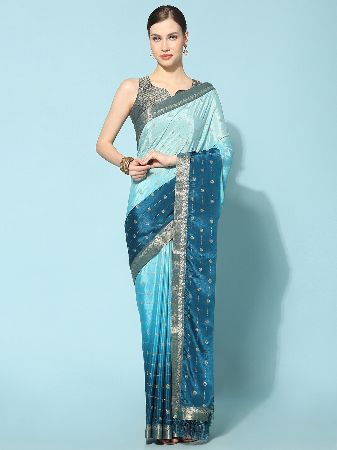 

TEREZA Colourblocked Zari Poly Chiffon Banarasi Saree, Teal