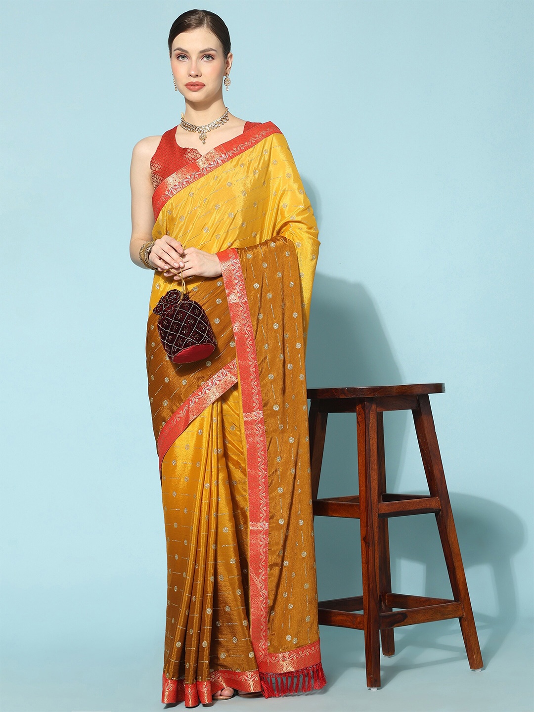 

TEREZA Woven Design Zari Poly Chiffon Banarasi Saree, Mustard