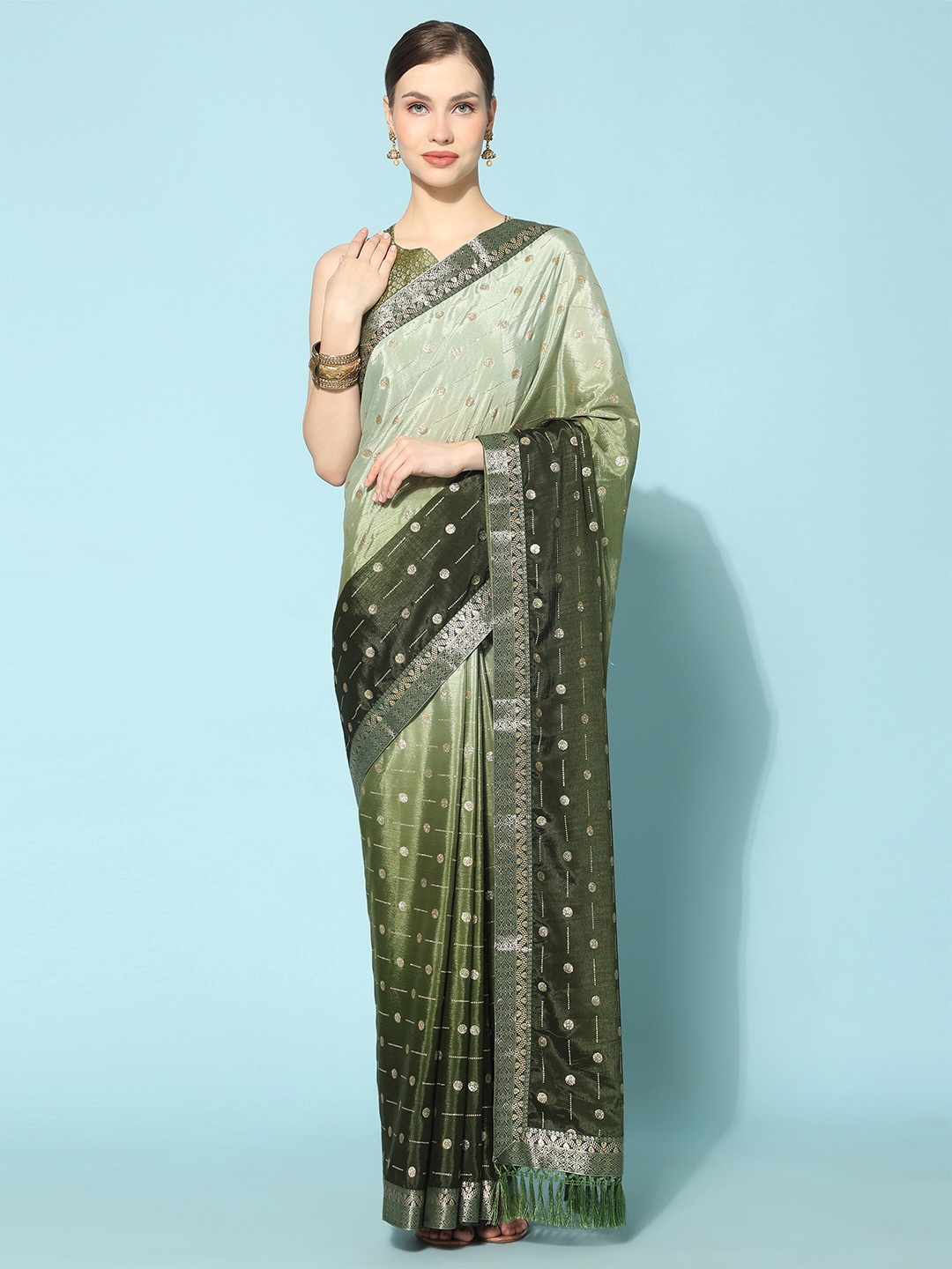 

TEREZA Woven Design Zari Poly Chiffon Banarasi Saree, Green