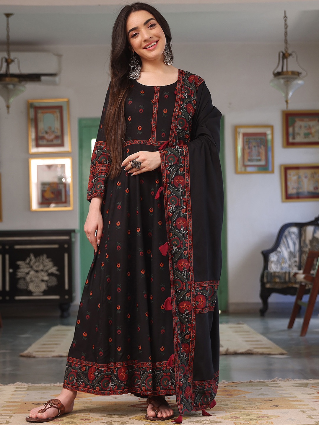 

Rustorange Floral Printed Thread Work Anarkali Kurta with Dupatta, Black