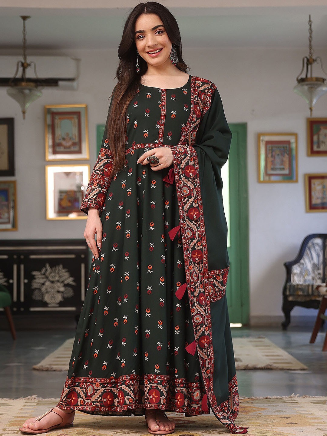 

Rustorange Floral Printed Anarkali Kurta with Dupatta, Green