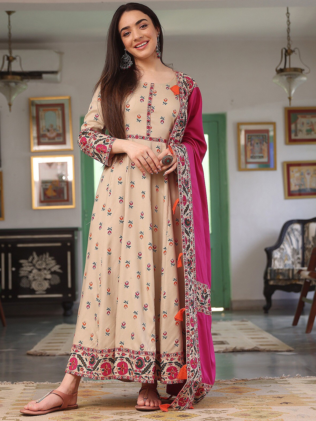 

Rustorange Floral Printed Anarkali Kurta with Dupatta, Beige