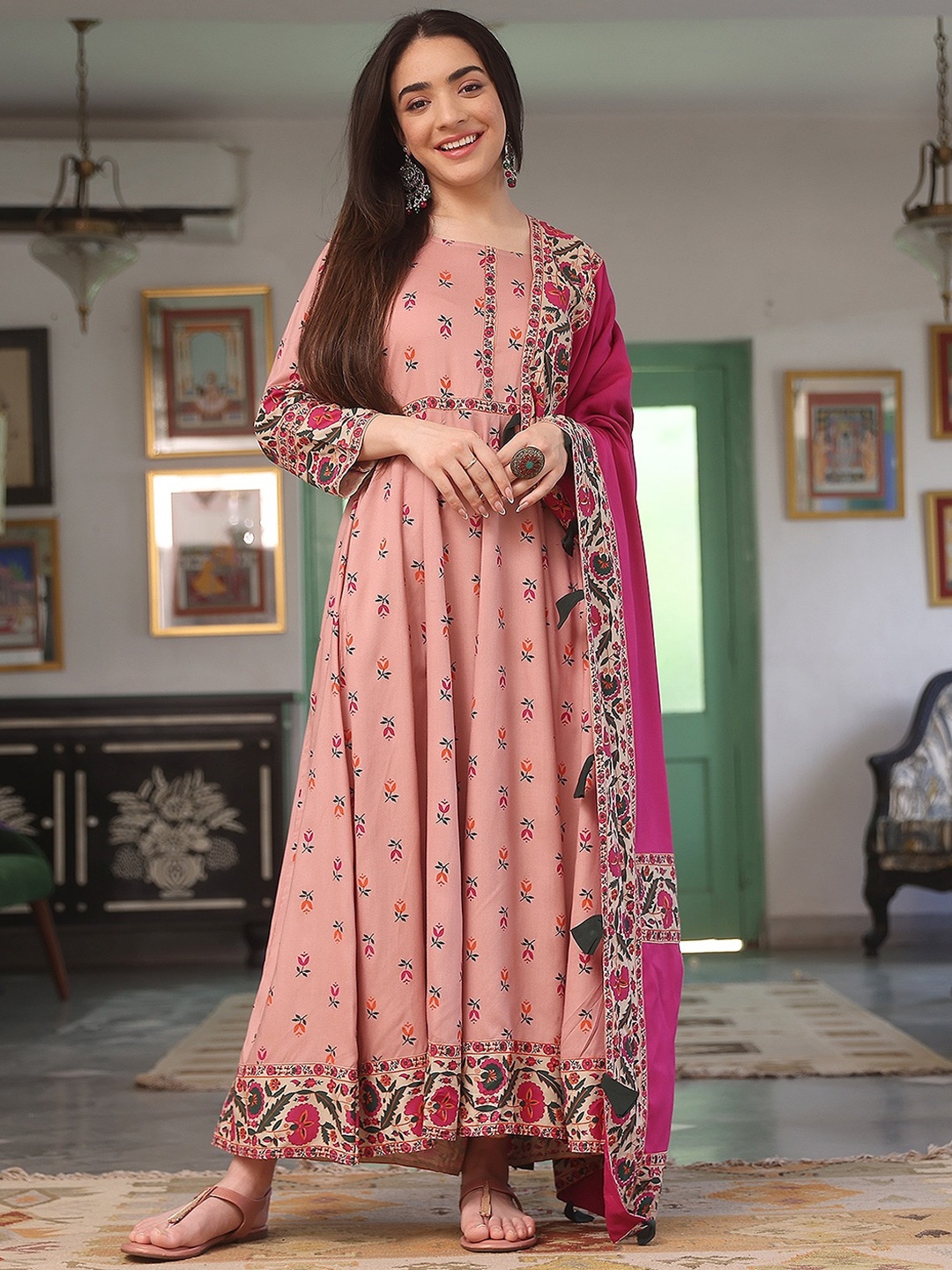

Rustorange Floral Printed Anarkali Kurta with Dupatta, Pink