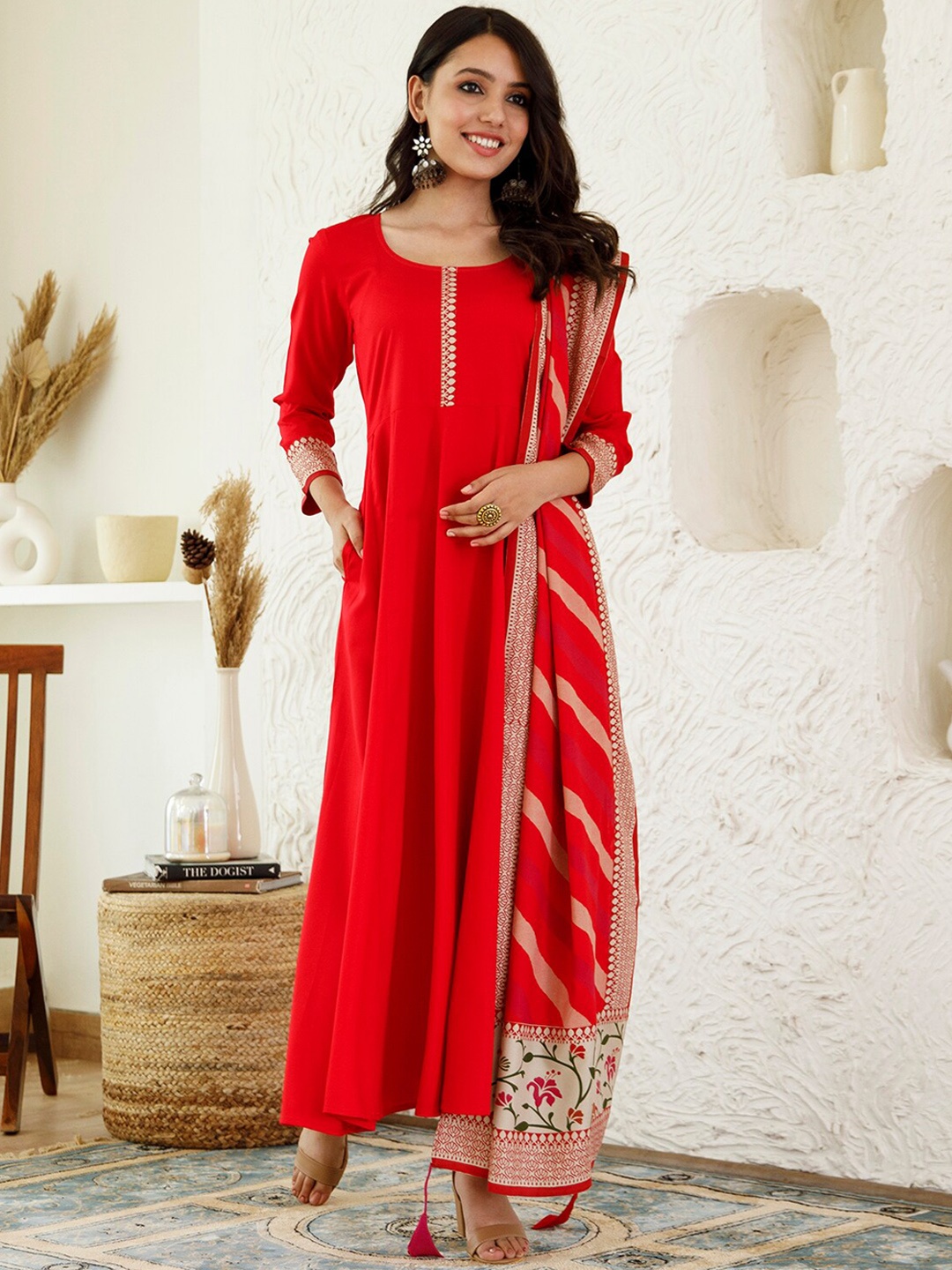 

Rustorange Ethnic Motifs Printed Anarkali Kurta with Dupatta, Red