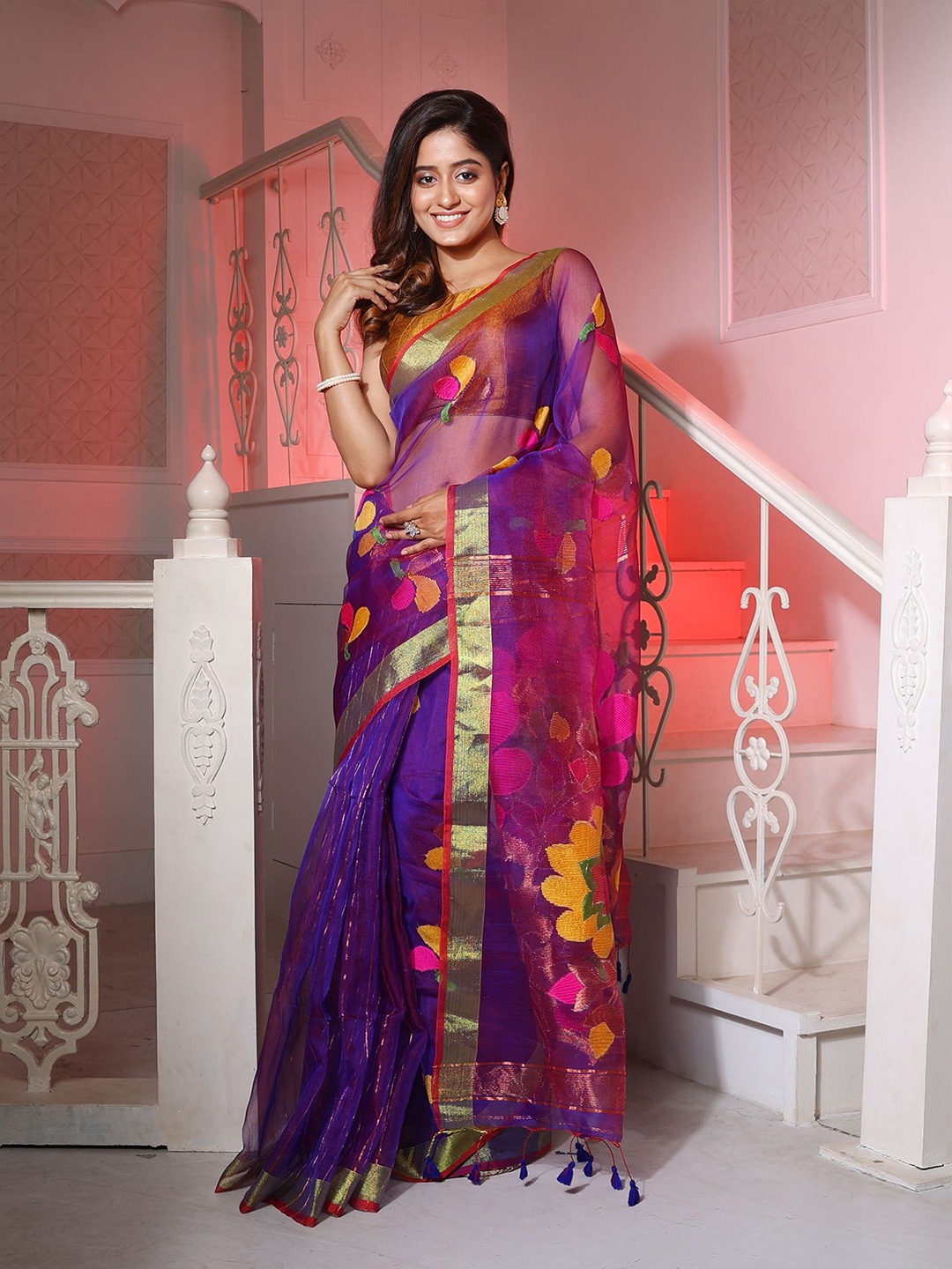 

Charukriti Floral Woven Design Zari Saree, Violet