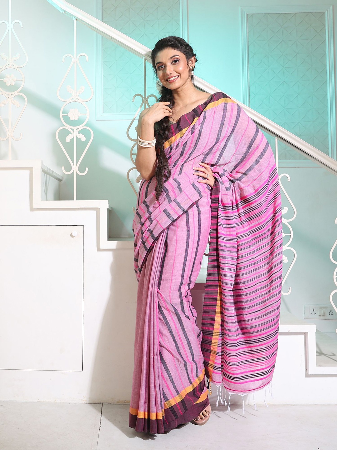 

Charukriti Mauve & Black Striped Pure Cotton Saree