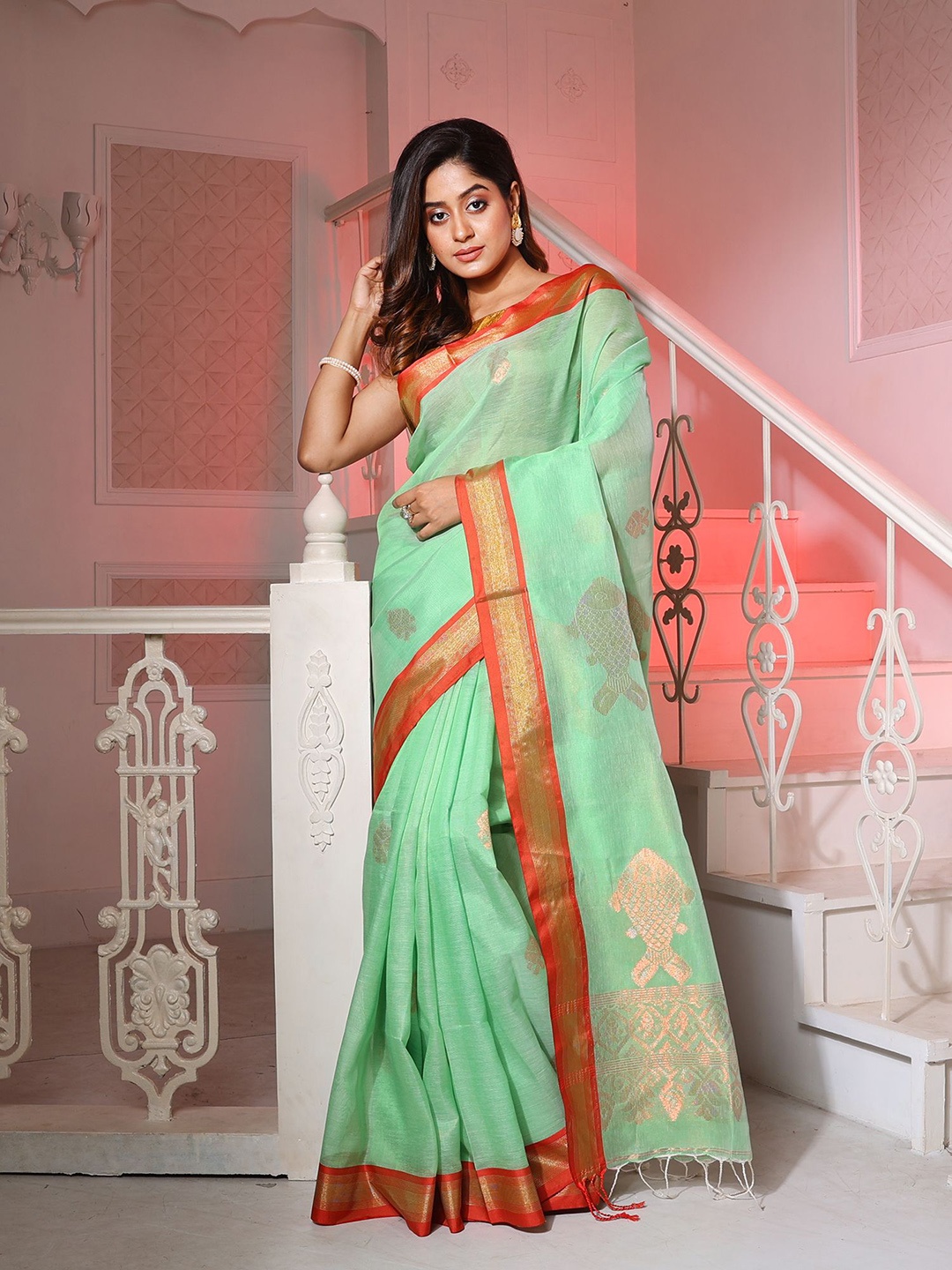 

Charukriti Green & Red Woven Design Zari Pure Silk Saree