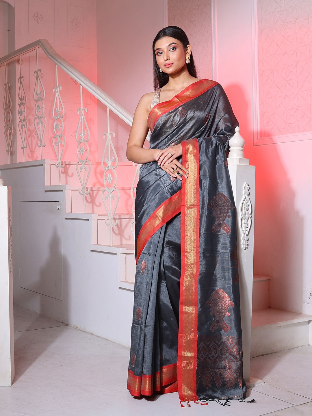 

Charukriti Ethnic Motifs Woven Design Zari Pure Silk Saree, Grey