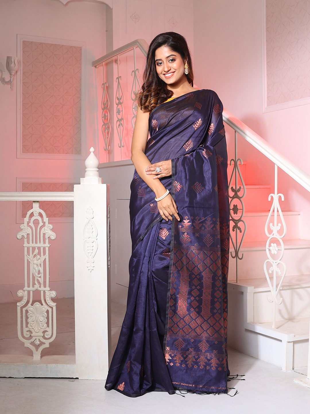 

Charukriti Ethnic Motifs Woven Design Zari Pure Silk Saree, Navy blue