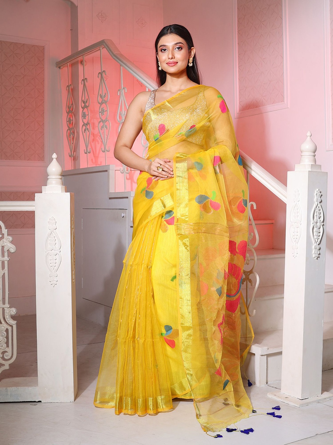 

Charukriti Floral Woven Design Zari Saree, Yellow