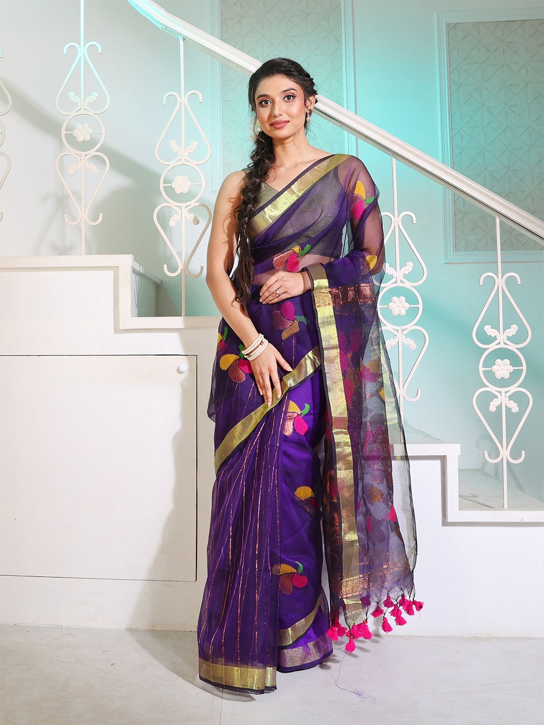 

Charukriti Ethnic Motif Zari Silk Blend Saree, Blue