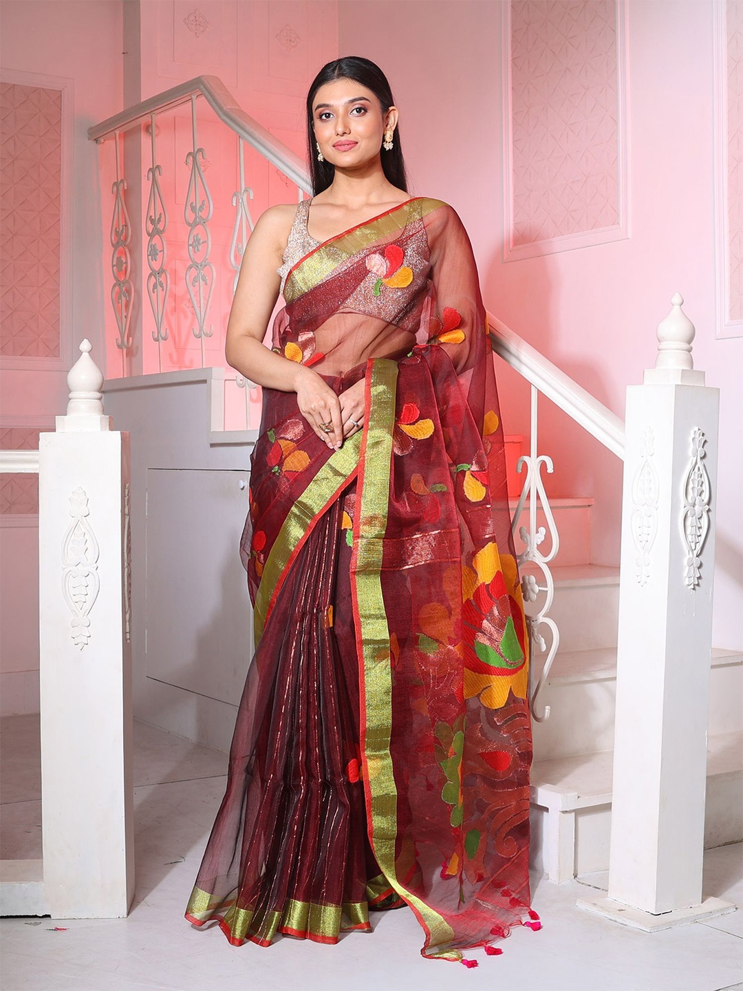 

Charukriti Floral Woven Design Zari Saree, Brown