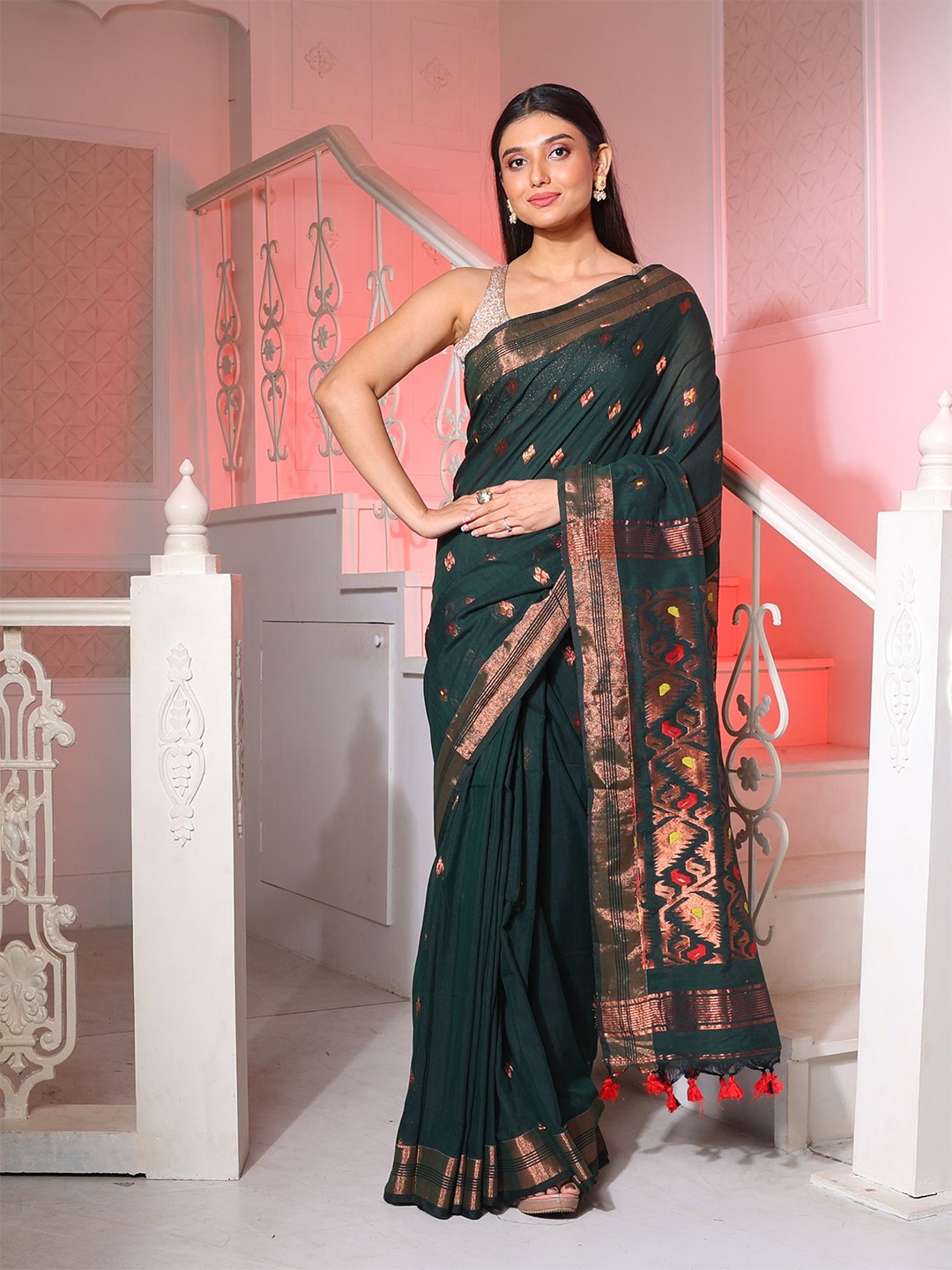 

Charukriti Floral Woven Design Zari Pure Cotton Saree, Green
