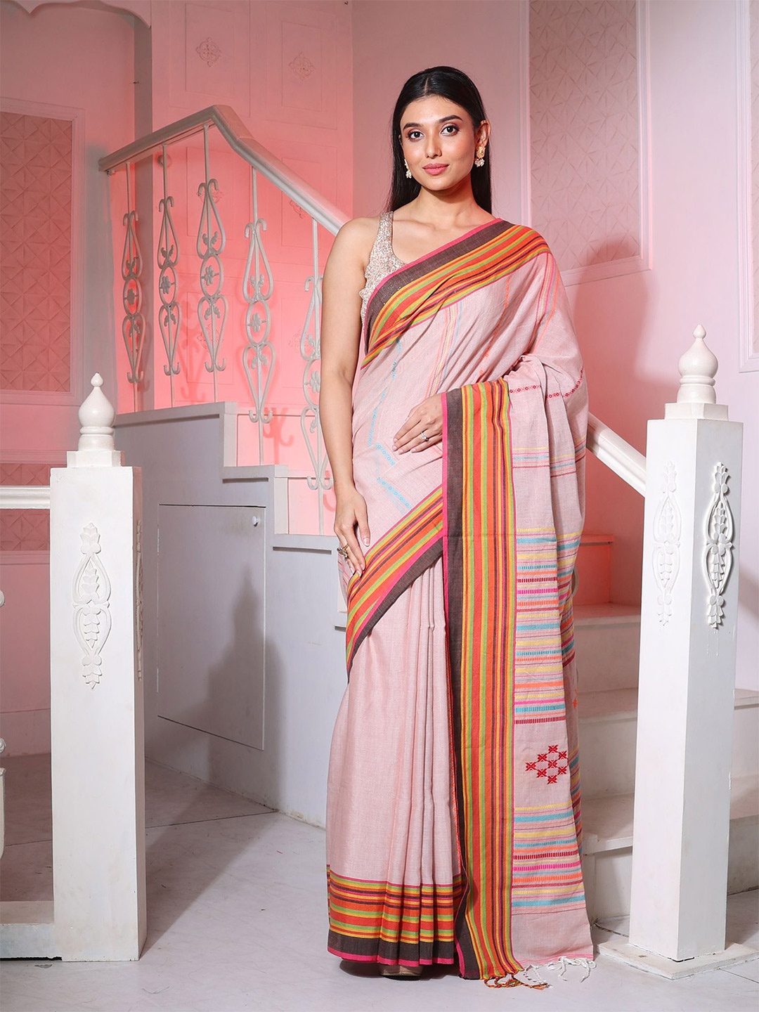 

Charukriti Pink & Yellow Striped Pure Cotton Saree