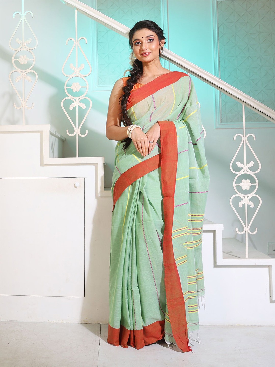 

Charukriti Striped Woven Design Pure Cotton Saree, Green