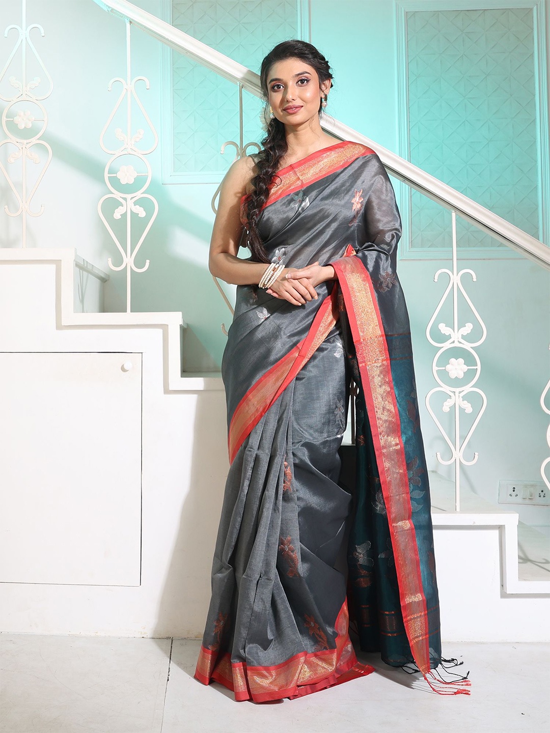 

Charukriti Grey & Red Woven Design Zari Pure Silk Saree