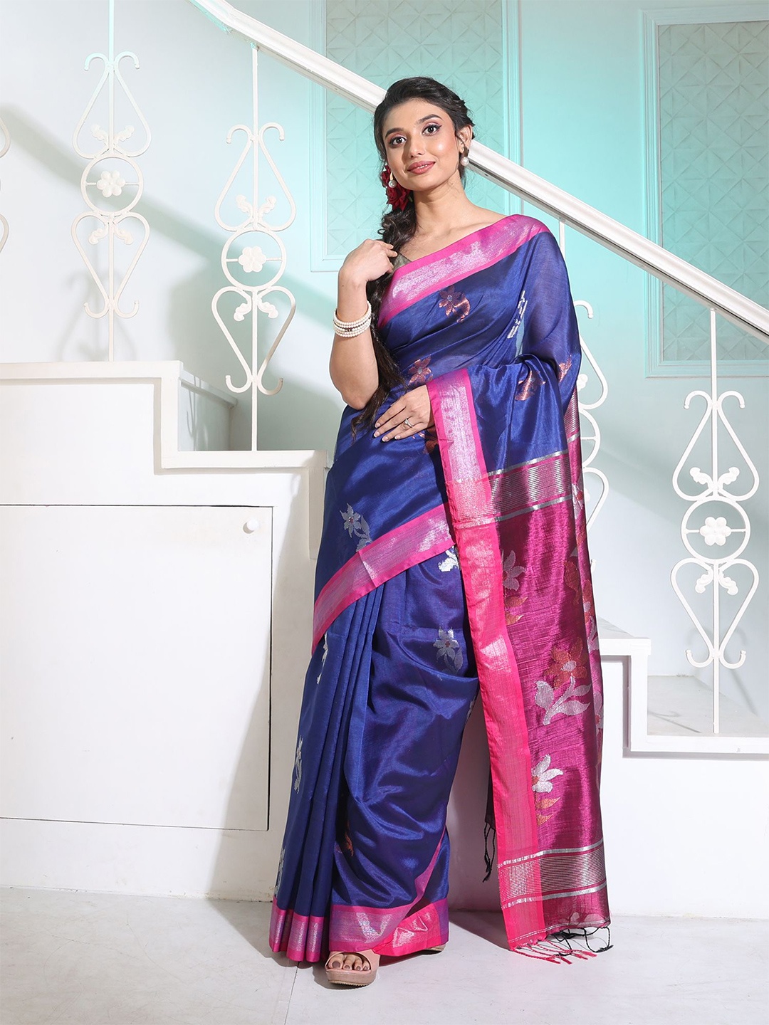 

Charukriti Blue & Pink Woven Design Zari Pure Silk Saree