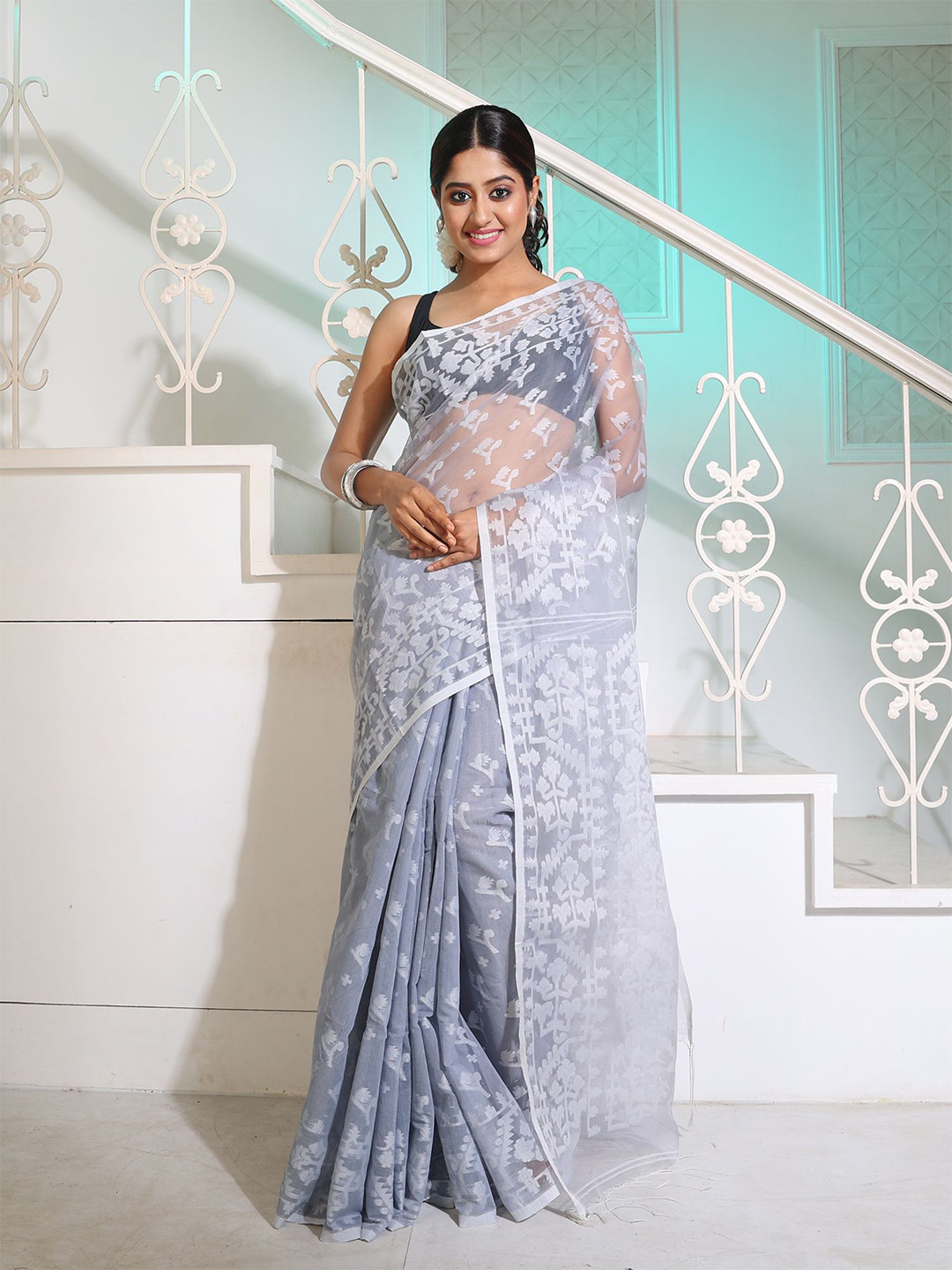 

Charukriti Ethnic Motifs Woven Design Silk Blend Saree, Grey