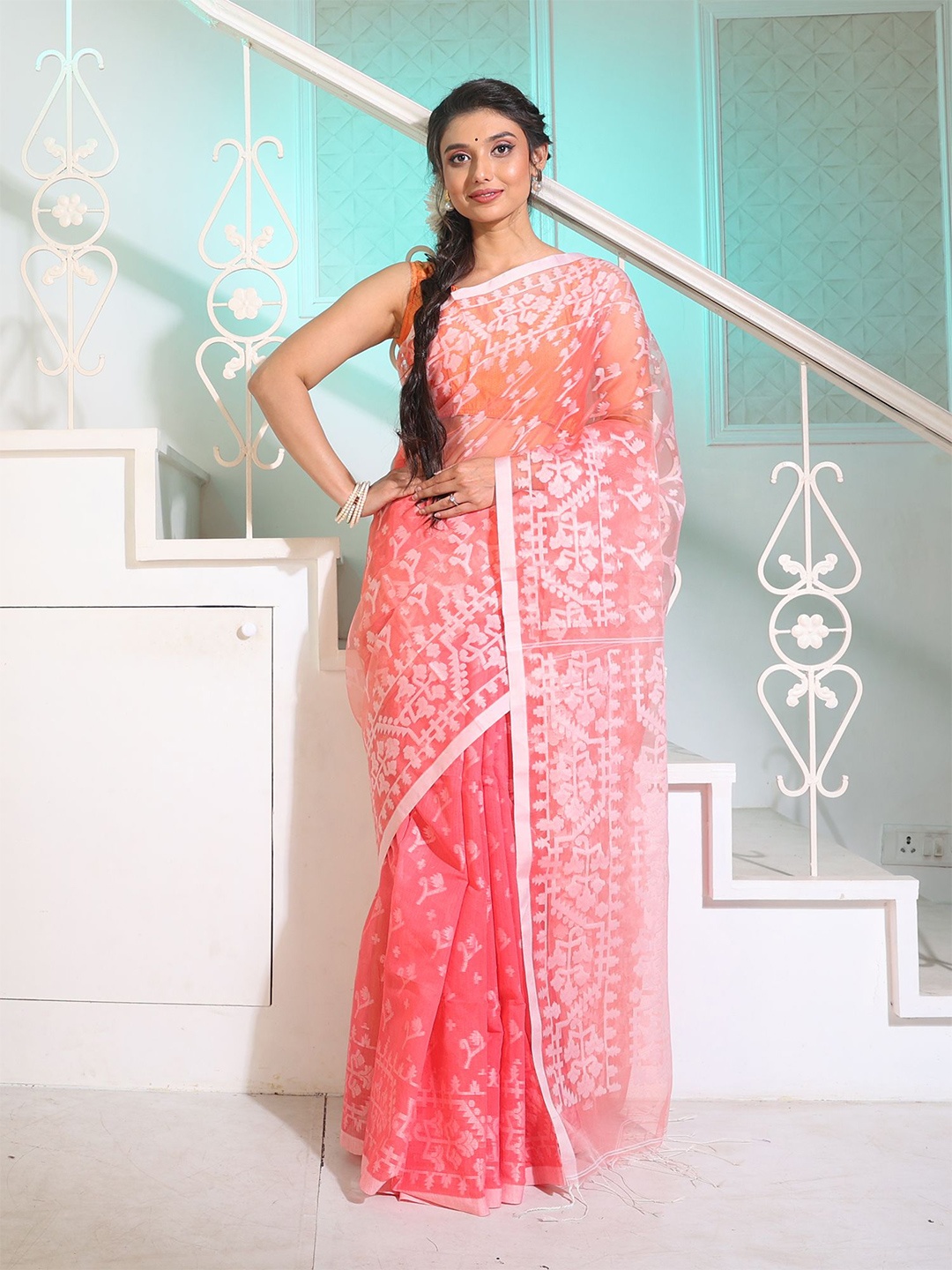 

Charukriti Pink & White Woven Design Silk Blend Saree