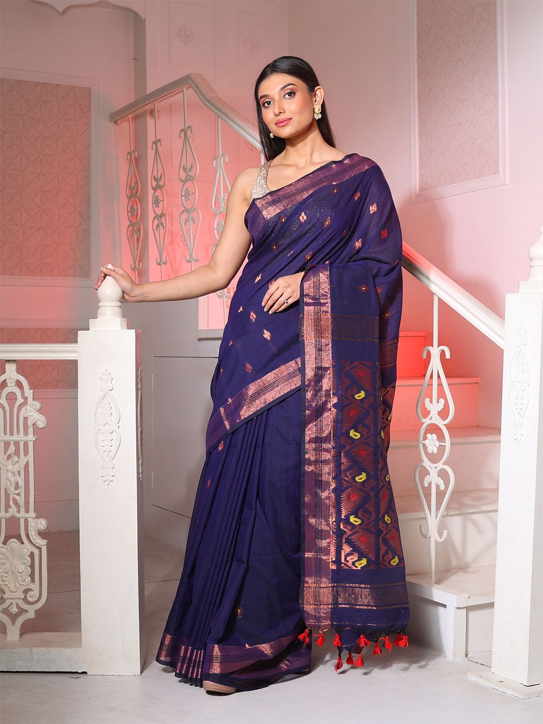 

Charukriti Blue & Copper-Toned Woven Design Zari Pure Cotton Saree