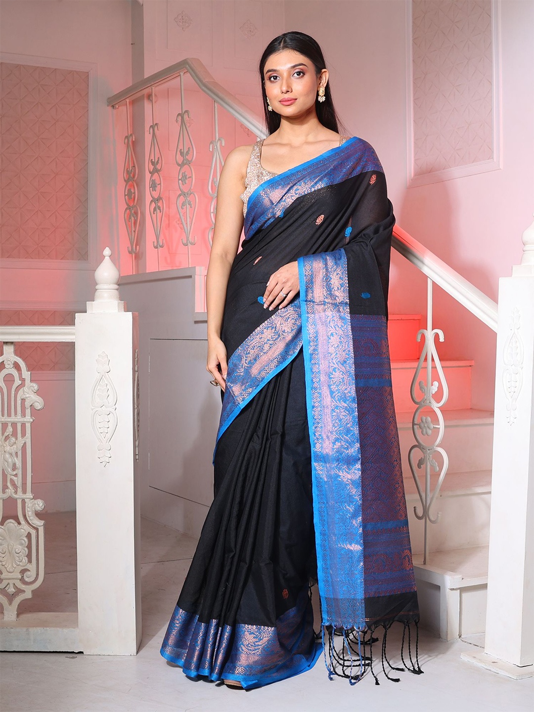 

Charukriti Ethnic Motifs Woven Design Zari Pure Cotton Saree, Black