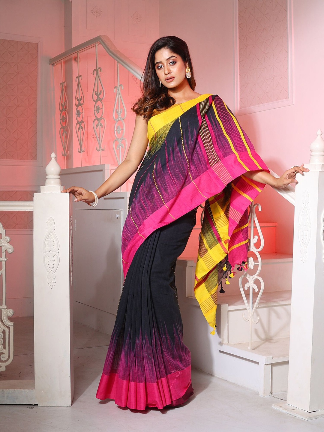 

Charukriti Striped Pure Cotton Ikat Saree, Black