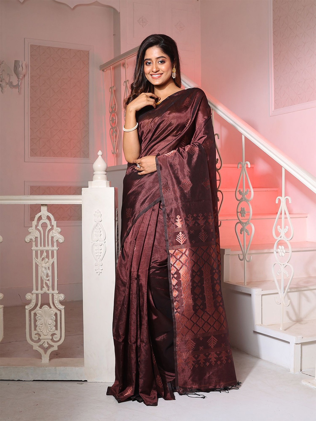 

Charukriti Ethnic Motif Zari Pure Silk Saree, Brown