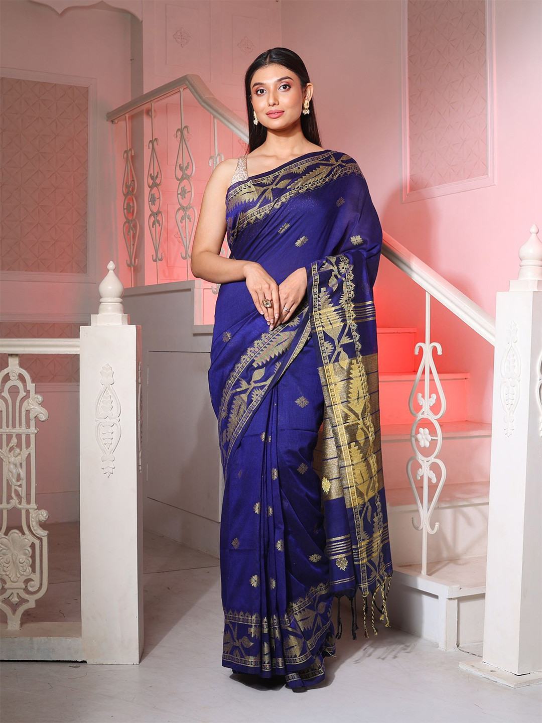

Charukriti Ethnic Motif Zari Pure Cotton Saree, Blue