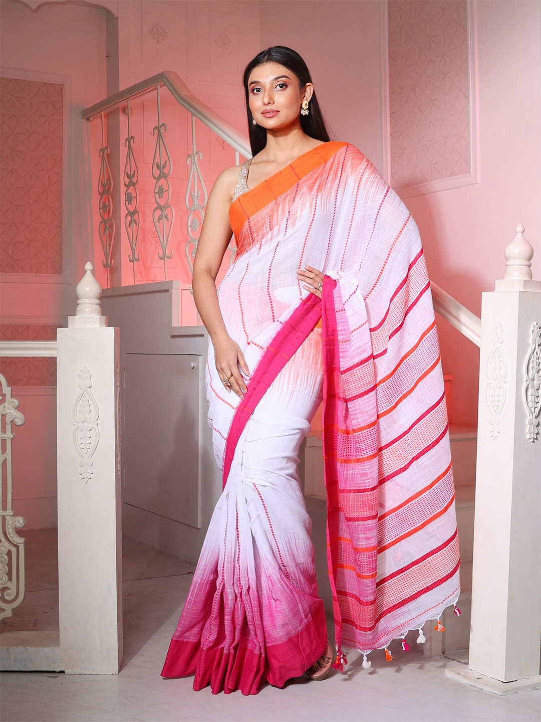 

Charukriti Striped Pure Cotton Ikat Saree, White