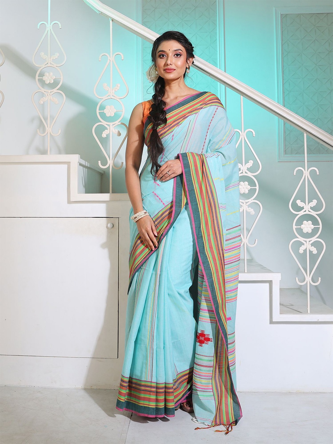 

Charukriti Striped Pure Cotton Saree, Sea green