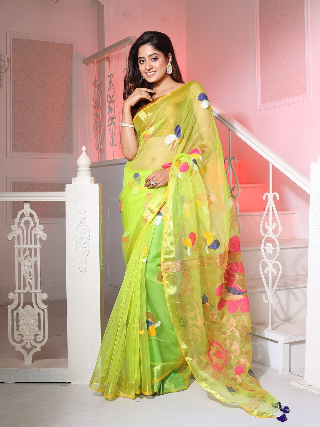 

Charukriti Floral Woven Design Zari Saree, Green