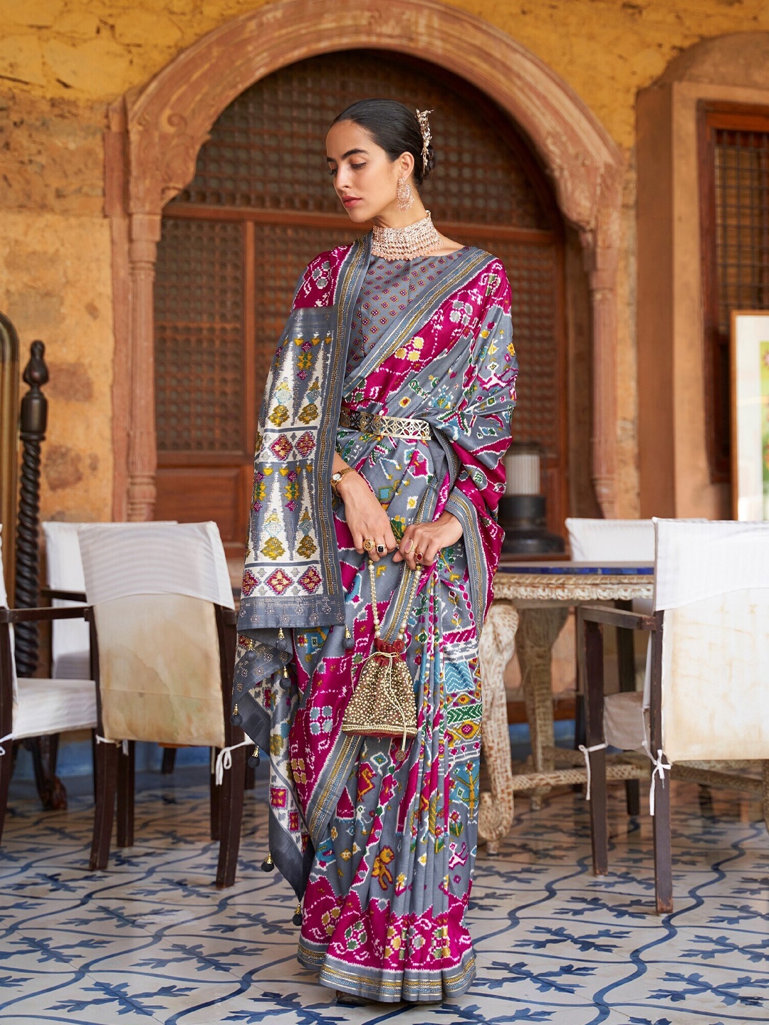 

Mitera Ethnic Motifs Beads and Stones Embellished Pure Silk Patola Saree, Grey