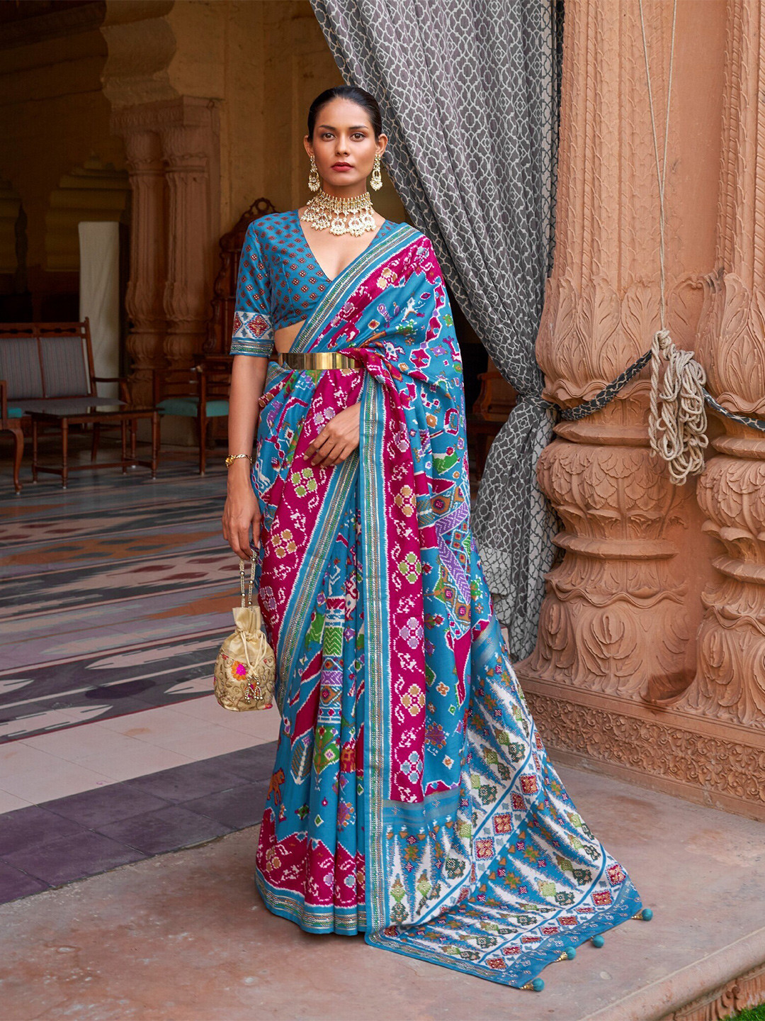 

Mitera Ethnic Motifs Printed Pure Silk Patola Saree, Pink