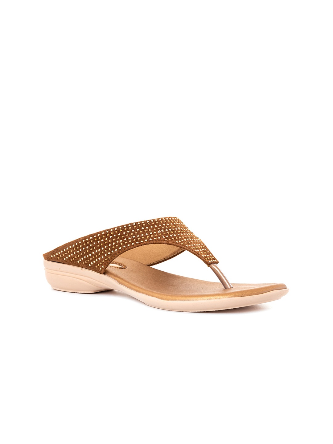 

Khadims Women Embellished Slip-On T-Strap Flats, Brown