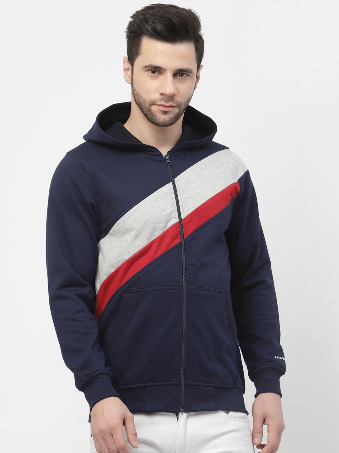 

Kalt Men Striped Hooded Fleece Sweatshirt, Navy blue