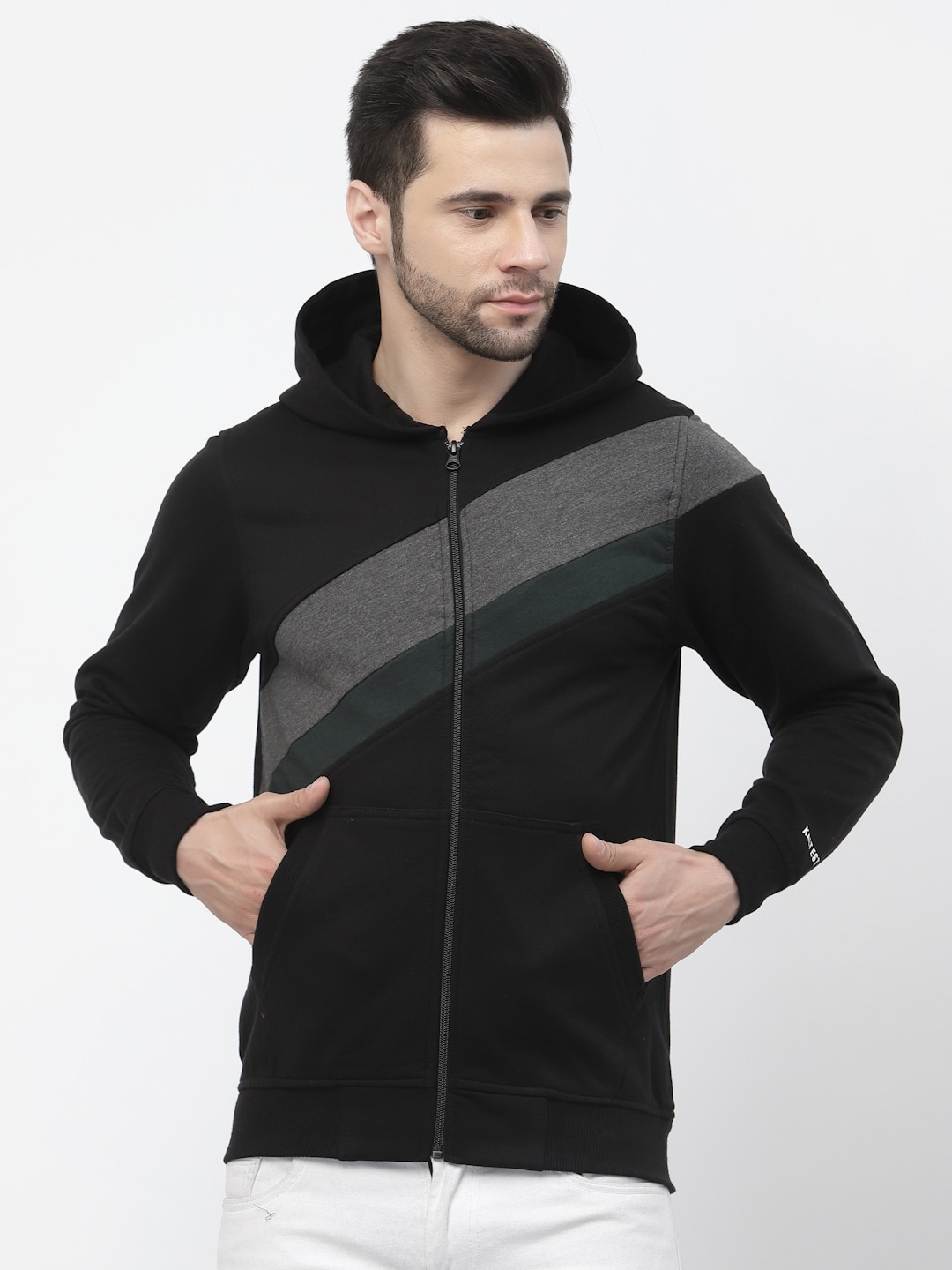 

Kalt Men Striped Hooded Fleece Sweatshirt, Black