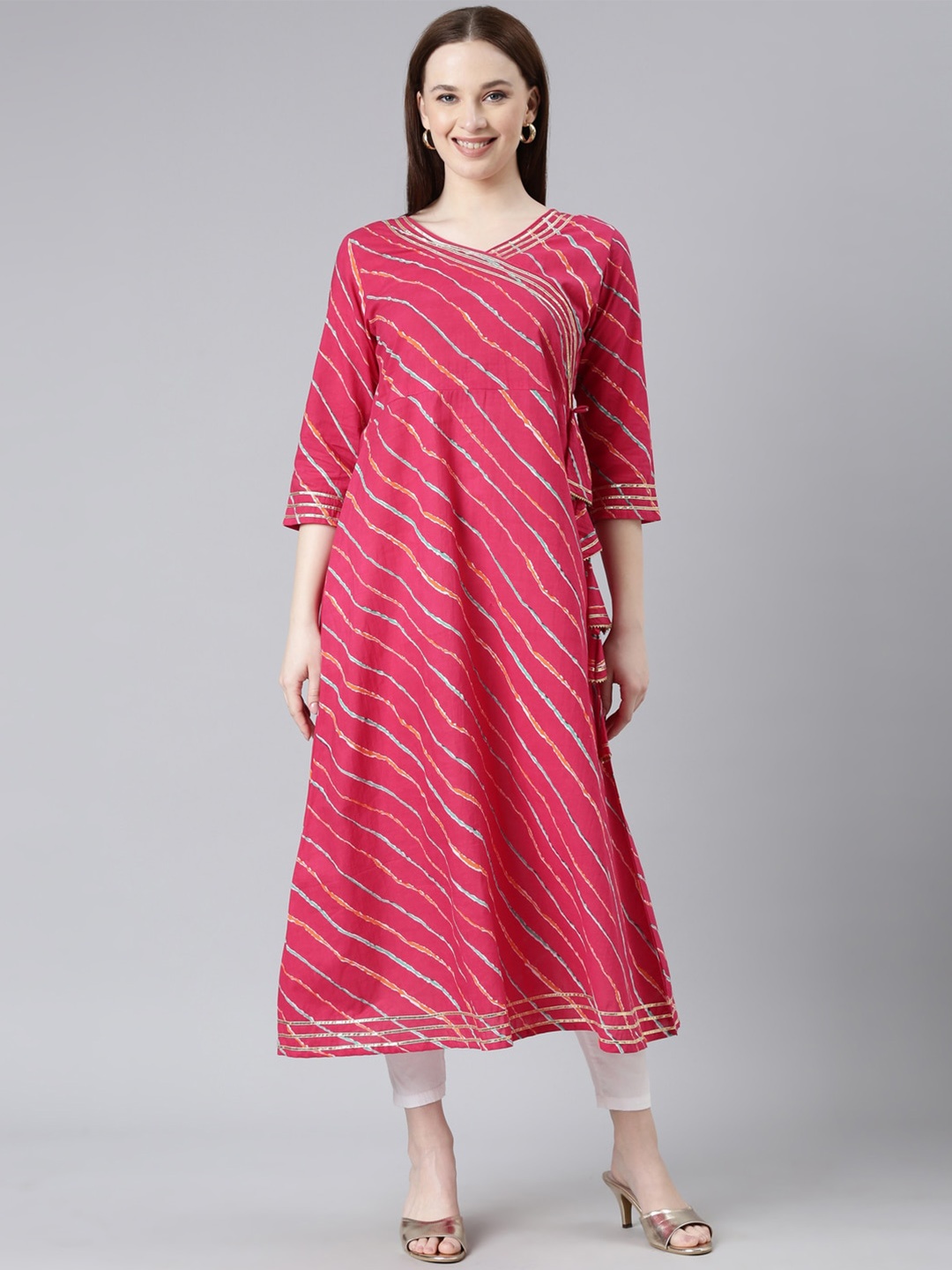 

KALINI Leheriya Printed Gotta Patti Angrakha Anarkali Kurta, Pink