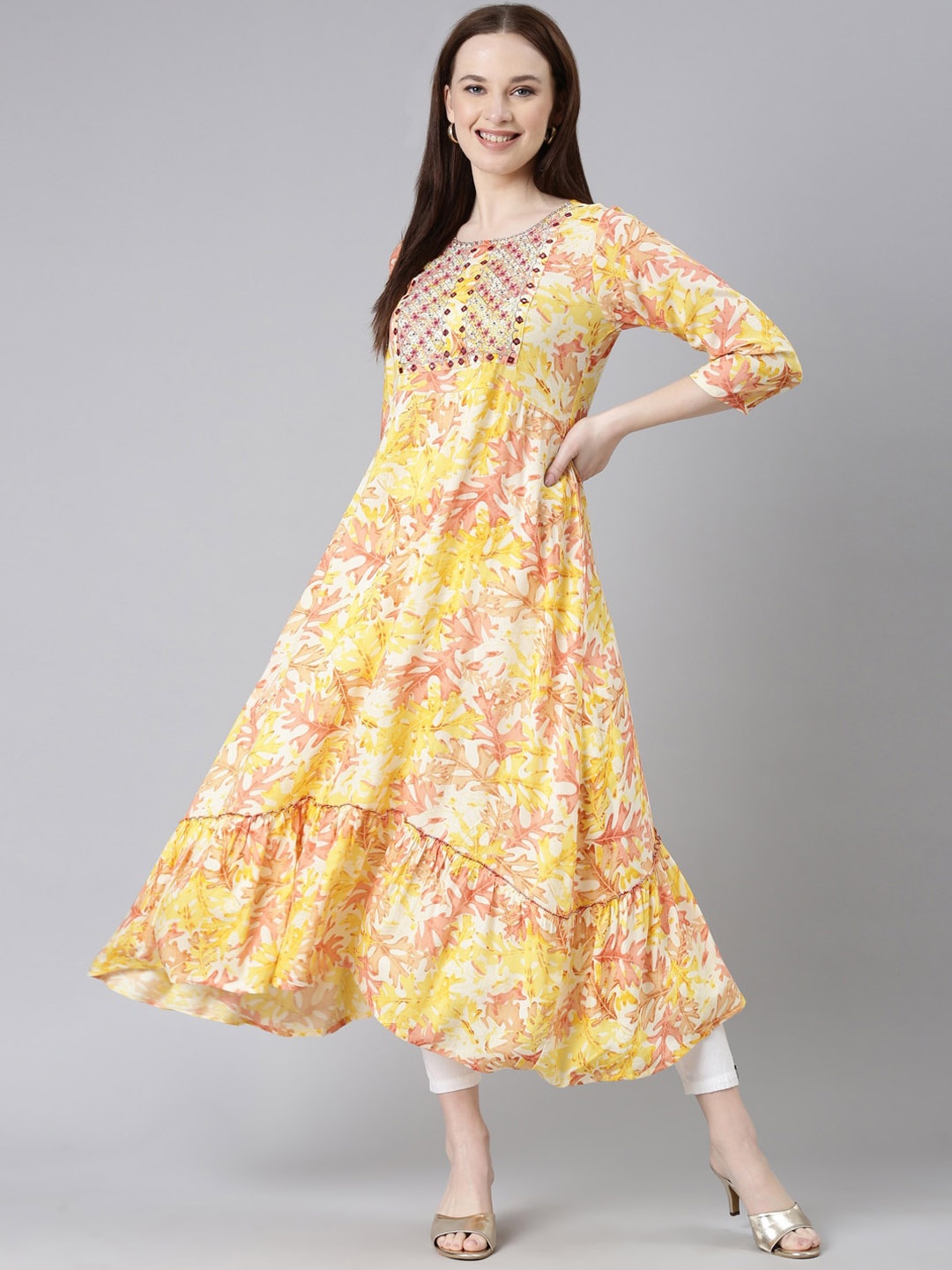 KALINI Floral Printed Mirror Work A-Line Kurta, Yellow