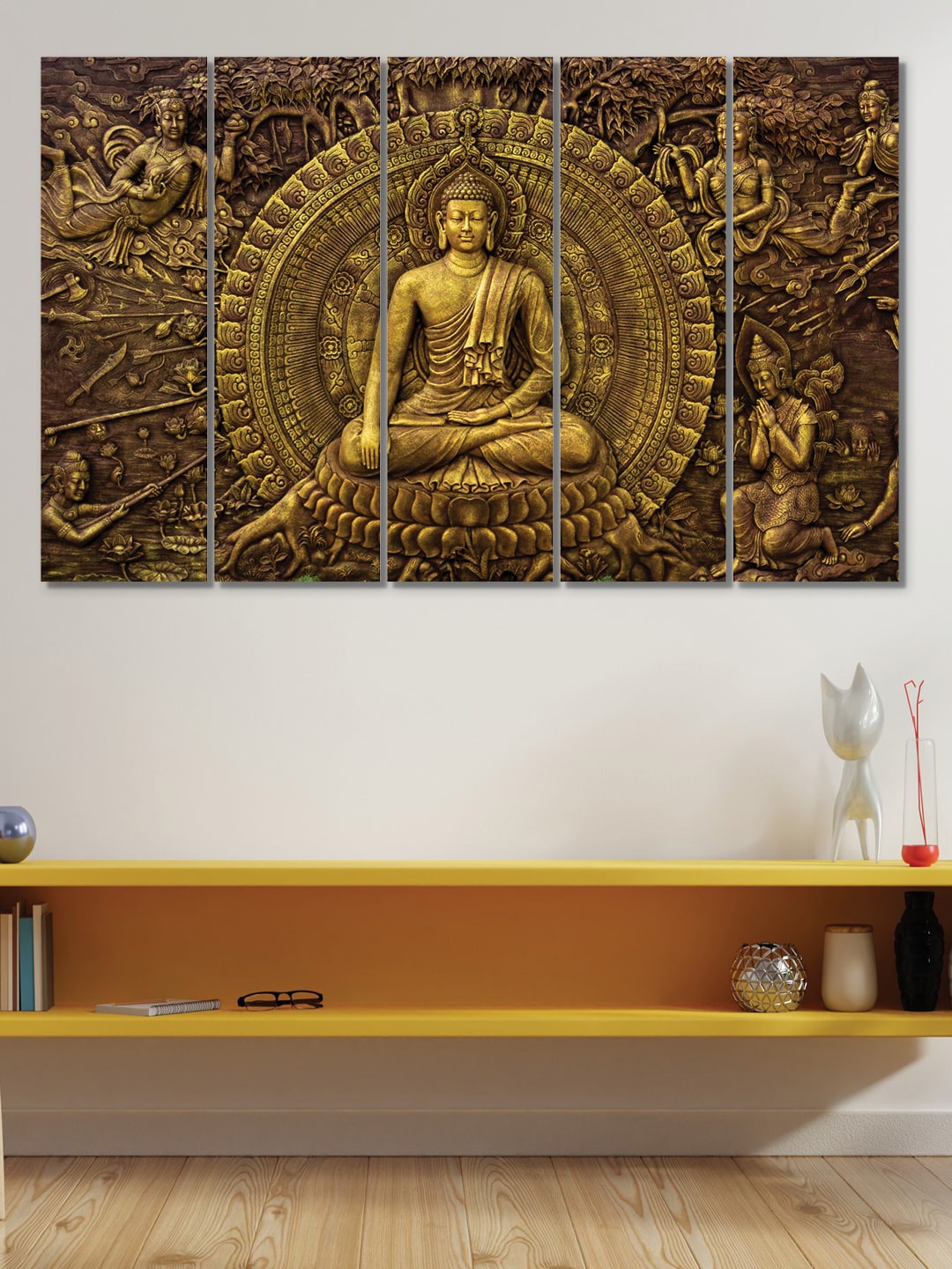 

RANDOM 5 Pcs Gold-Toned Budhha Paintings MDF Vinyle Painting