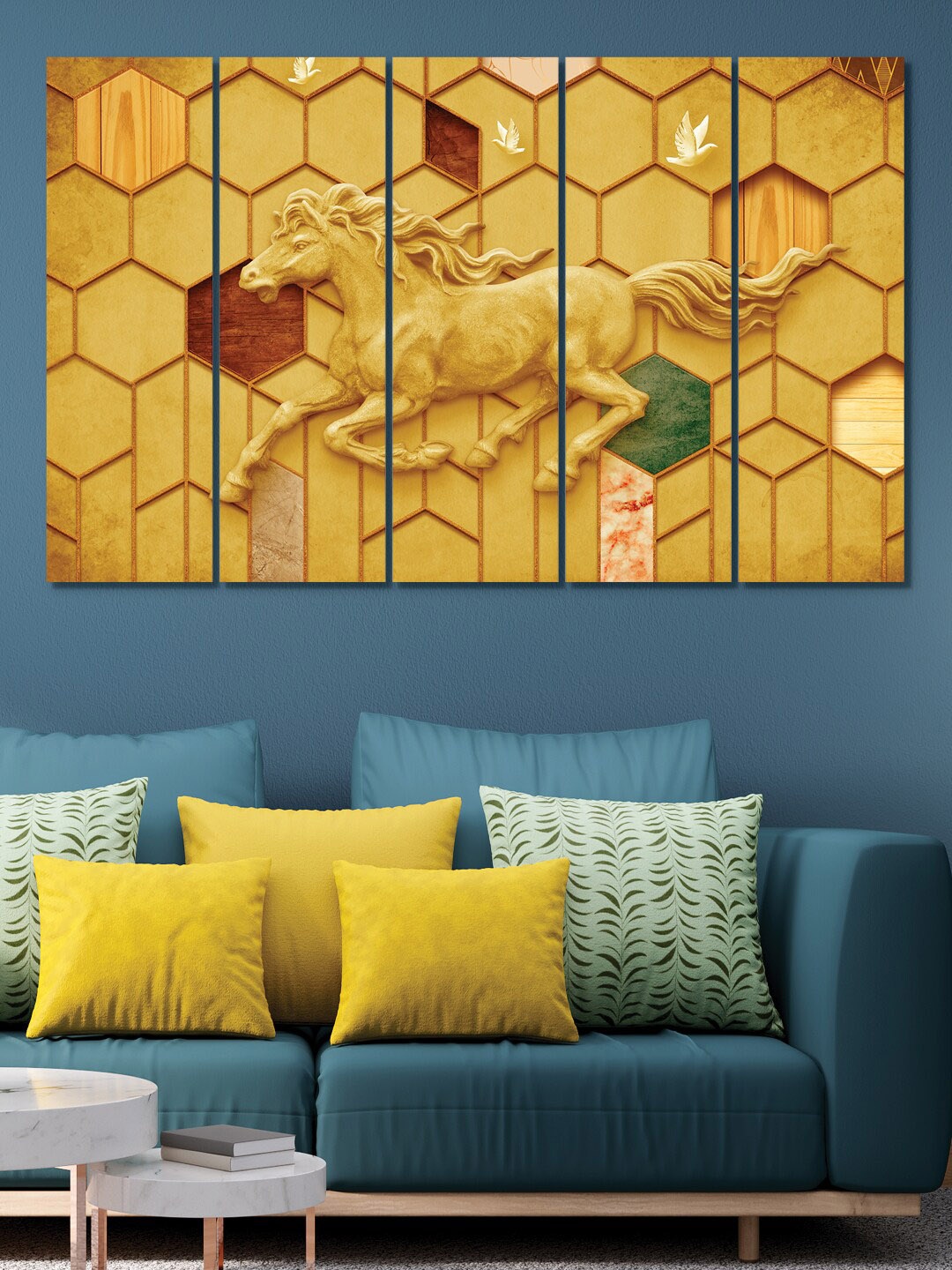 

RANDOM 5 Pieces Gold Toned Printed Horse Framed MDF Vinyle Painting
