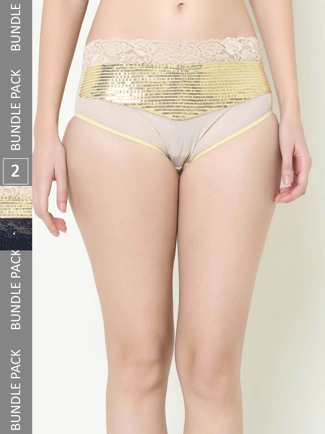 

Da Intimo Women Pack Of 2 Mid-Rise Self Design Sequinned Laced Hipster Briefs, Black