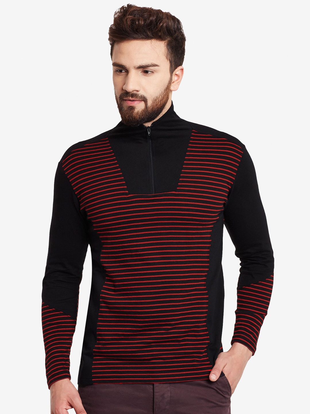 

Hypernation Striped High Neck Slim Fit Cotton T-shirt, Red