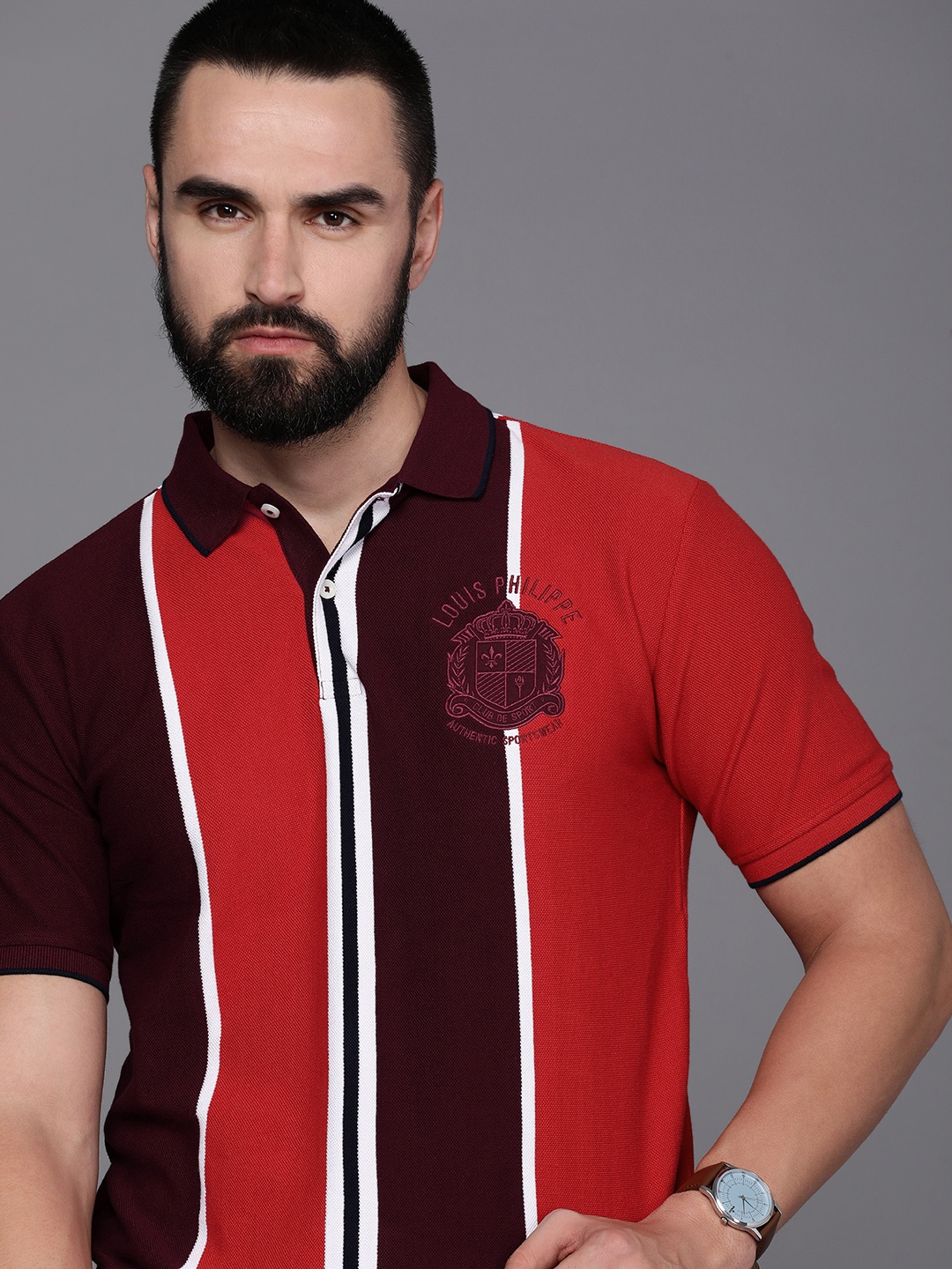 

Louis Philippe Sport Brand Logo Colourblocked Polo Collar Pure Cotton Slim Fit T-shirt, Maroon