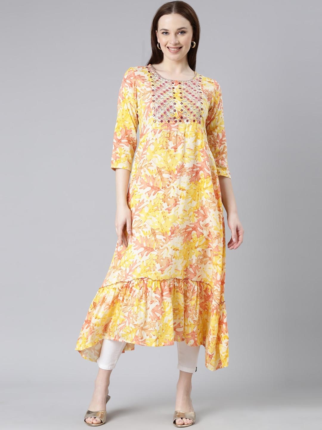 ERISHA Floral Printed Mirror Work A-Line Kurta, Yellow