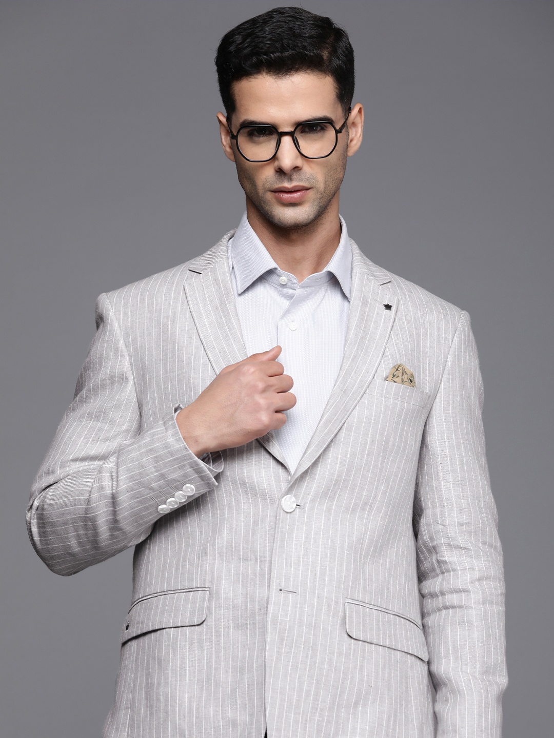 

Louis Philippe Men Pure Linen Striped Single-Breasted Formal Blazer, Grey