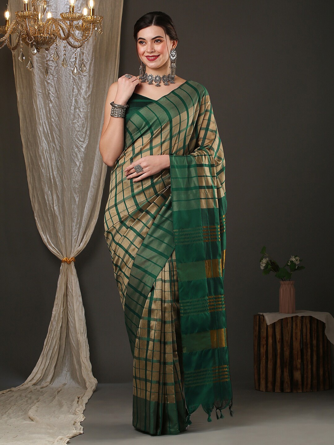 

Saree mall Checks Silk Blend Saree, Cream
