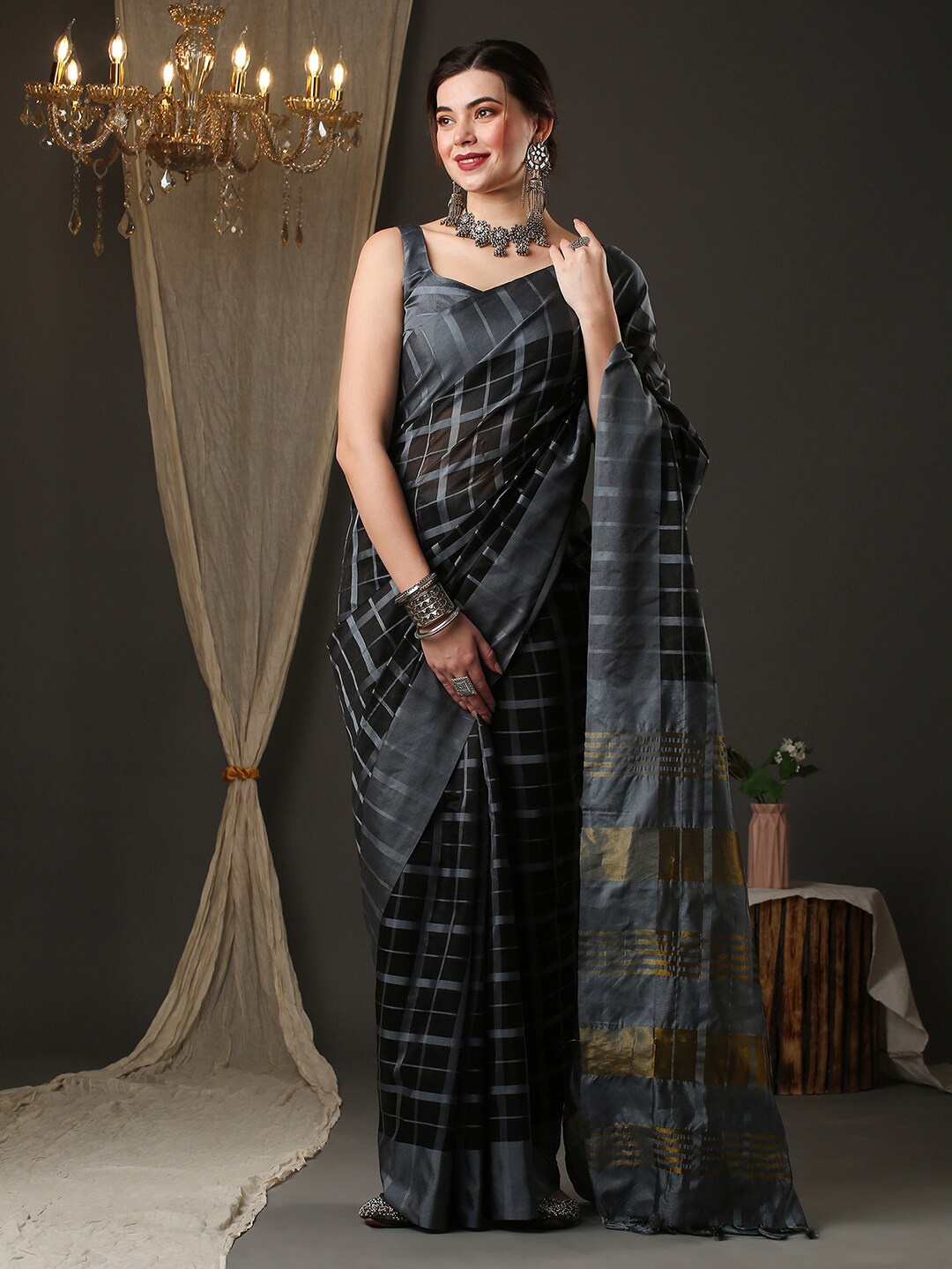 

Saree mall Checks Silk Blend Saree, Black