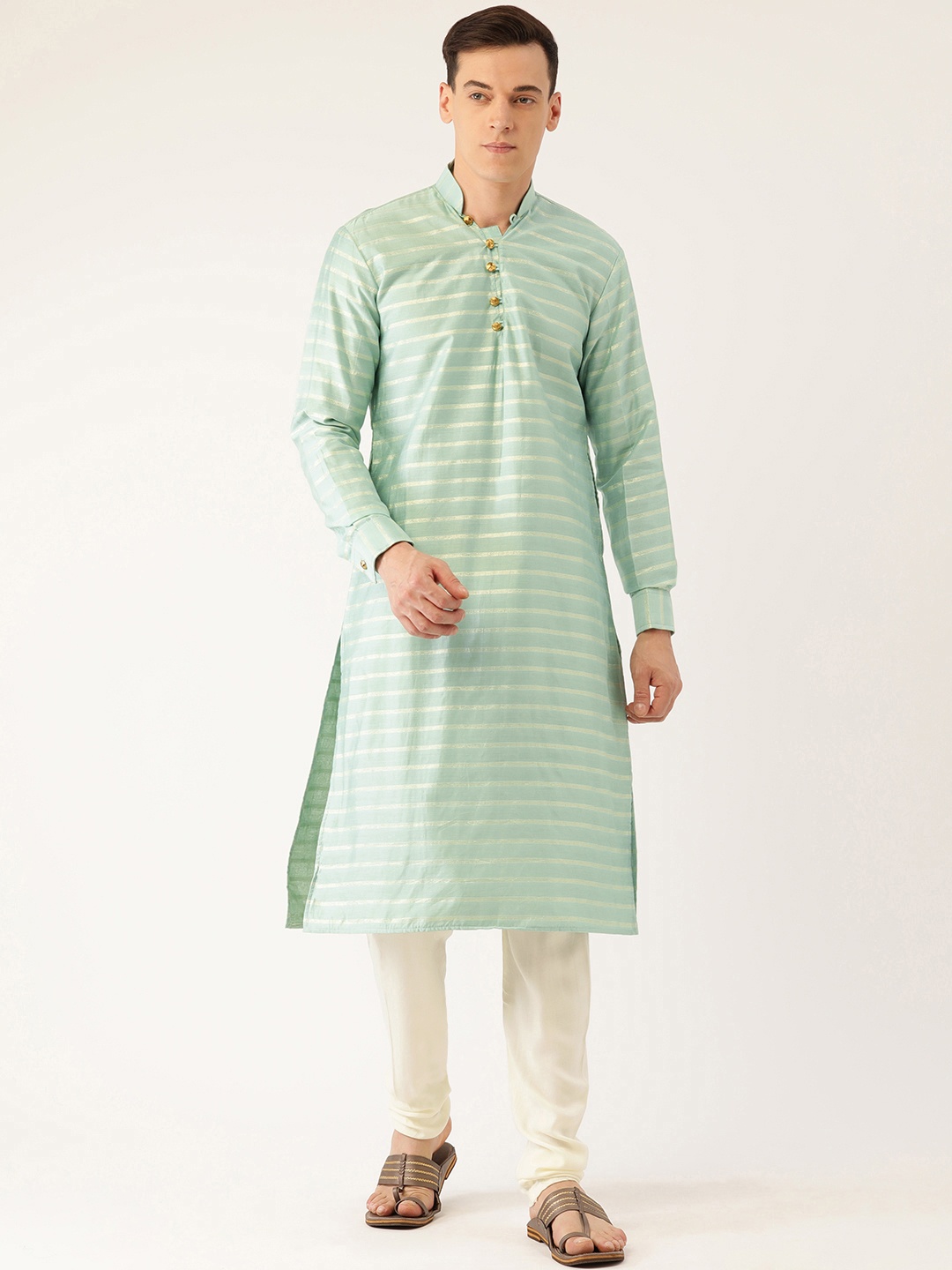 

cbazaar Men Striped Regular Kurta with Churidar, Green