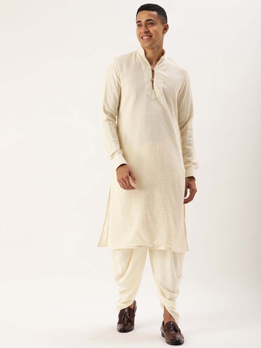 

cbazaar Men Floral Embroidered Regular Kurta with Dhoti Pants, White