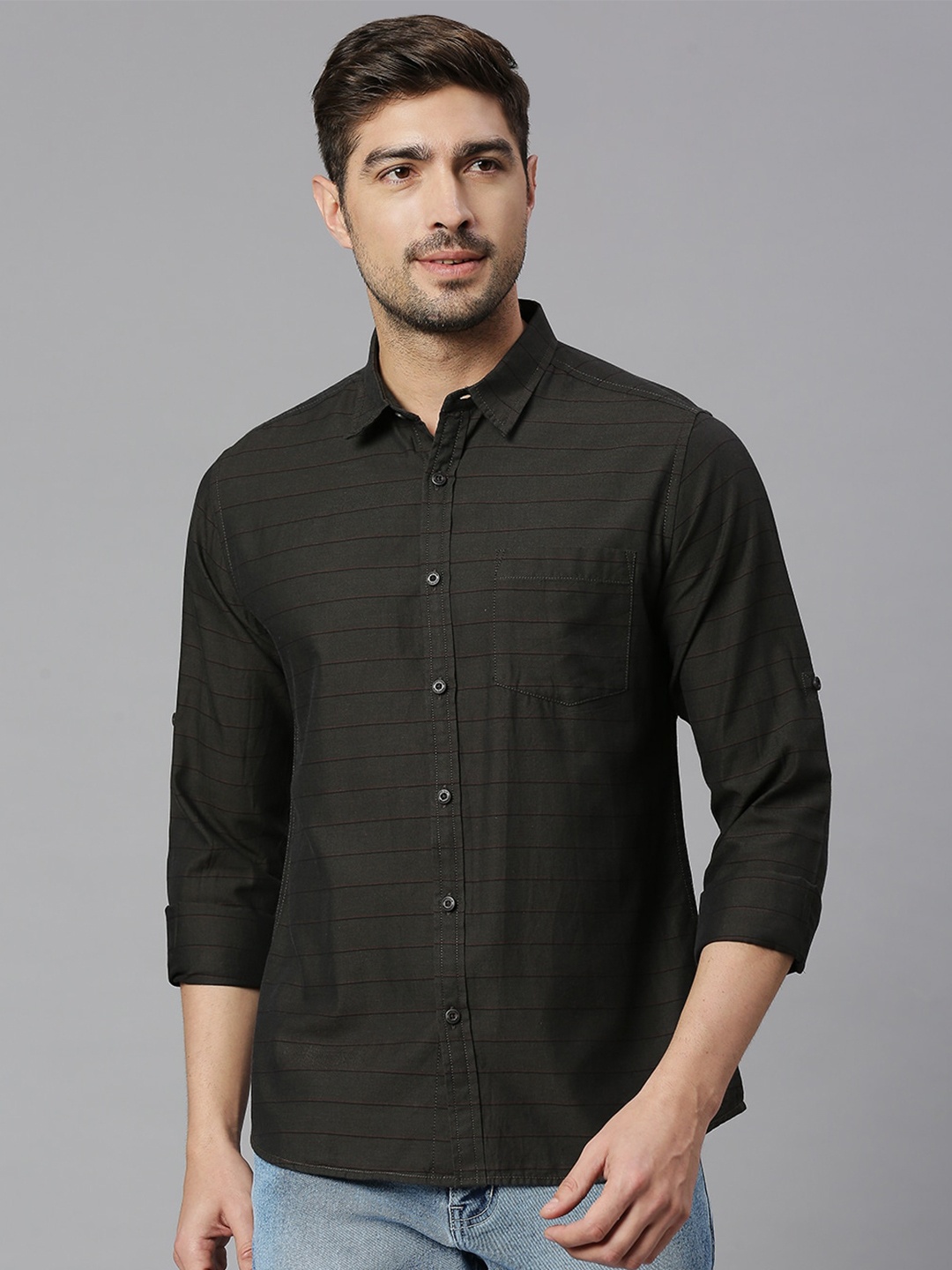

HERE&NOW Premium Spread Collar Striped Slim Fit Pure Cotton Casual Shirt, Black